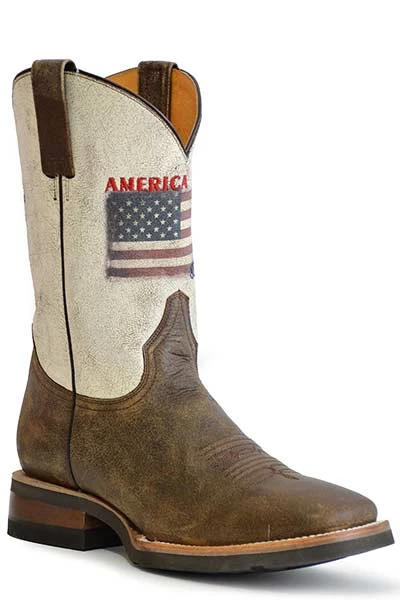'Roper' Men's 11" America Strong Western Square Toe - Vintage Brown / Vintage White 1 'Roper' Men's 11" America Strong Western Square Toe - Vintage Brown / Vintage White