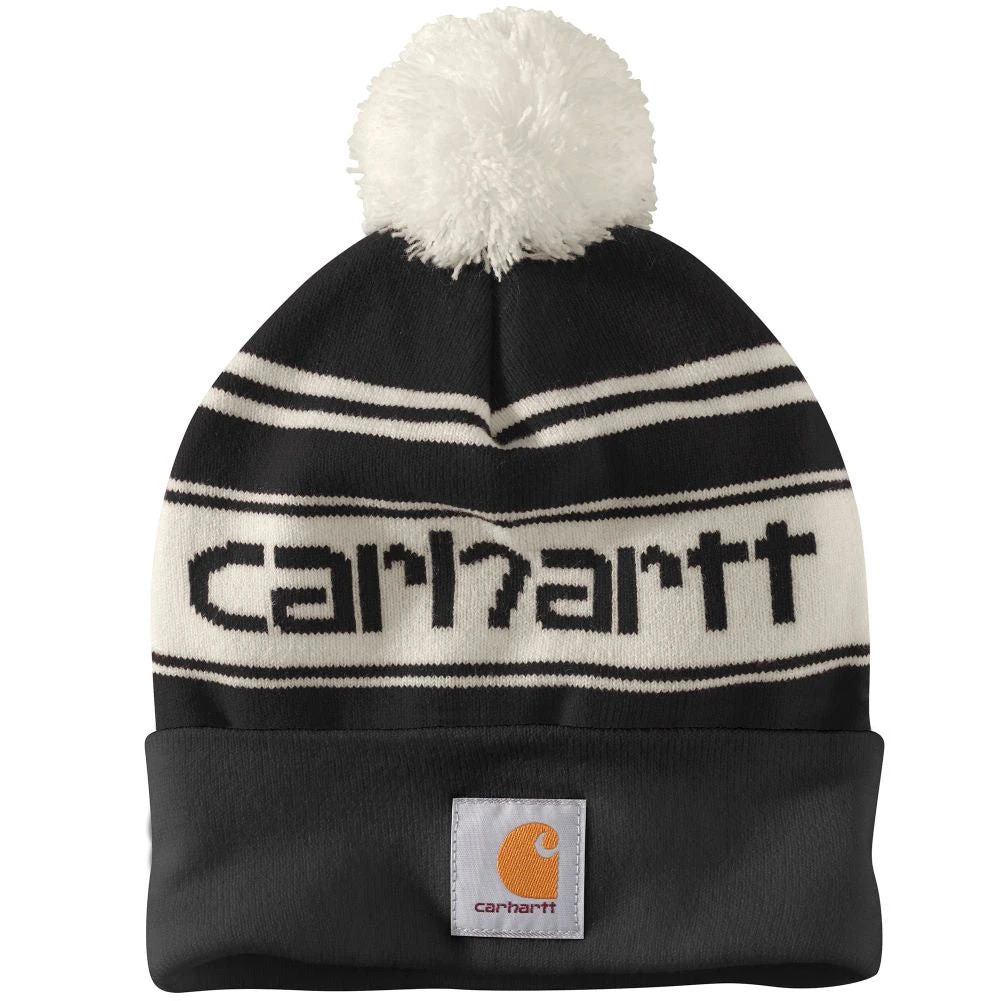 'Carhartt' Adult Knit Pom Pom Cuffed Logo Beanie - Black / White 1 'Carhartt' Adult Knit Pom Pom Cuffed Logo Beanie - Black / White