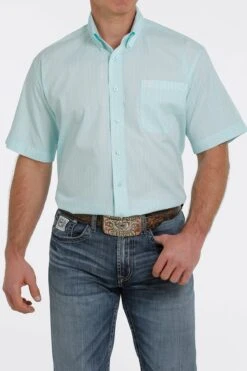 'Cinch' Men's Geometric Print Short Sleeve Button Down - Light Blue