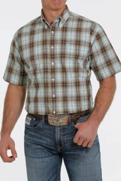 'Cinch' Men's Ombre Plaid Short Sleeve Button Down Shirt - Brown/Turquoise -Outdoor Clothing Shop MTW1111398 2 1024x1024@2x