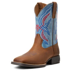'Ariat' Youth Double Kicker Square Toe - Distressed Brown / Stone Blue -Outdoor Clothing Shop S22 YTH WEST 10040247 3 4 front 1024x1024@2x