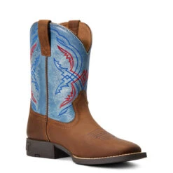 'Ariat' Youth Double Kicker Square Toe - Distressed Brown / Stone Blue -Outdoor Clothing Shop S22 YTH WEST 10040247 medial 1024x1024@2x